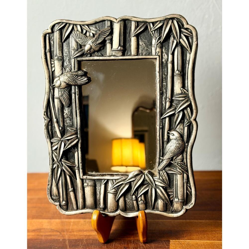 Vintage Chinoiserie Bamboo Bird Mirror | Silver Tone Hollywood Regency - Picture 5 of 16